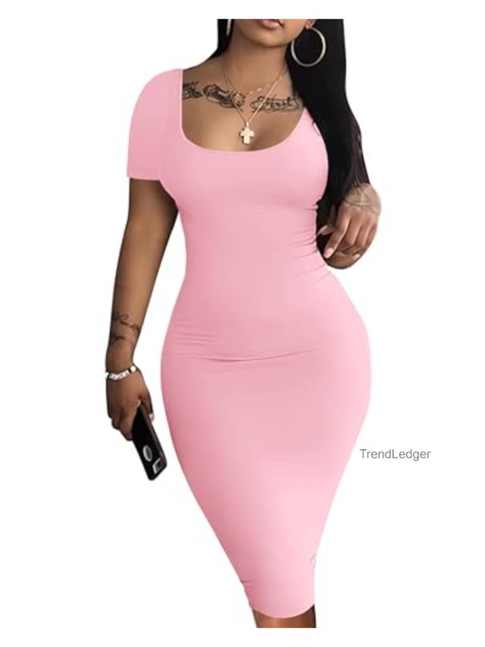 Women's Short Sleeve Bodycon Midi Dress Stretch Club Night Out